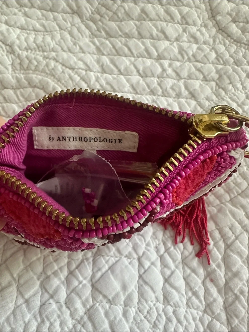 Anthropologie Pink Beaded Heart Tassel Coin Purse - Picture 3 of 3